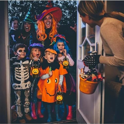 2PCS Halloween Pumpkin Lantern with Flickering LED, Portable Jack-O-Lantern for Halloween, Vintage Halloween Lamp Handheld Lantern Oil Lamp for Halloween Decorations Indoor & Outdoor, Orange