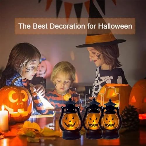 2PCS Halloween Pumpkin Lantern with Flickering LED, Portable Jack-O-Lantern for Halloween, Vintage Halloween Lamp Handheld Lantern Oil Lamp for Halloween Decorations Indoor & Outdoor, Orange