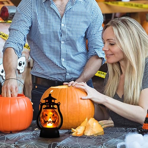 2PCS Halloween Pumpkin Lantern with Flickering LED, Portable Jack-O-Lantern for Halloween, Vintage Halloween Lamp Handheld Lantern Oil Lamp for Halloween Decorations Indoor & Outdoor, Orange