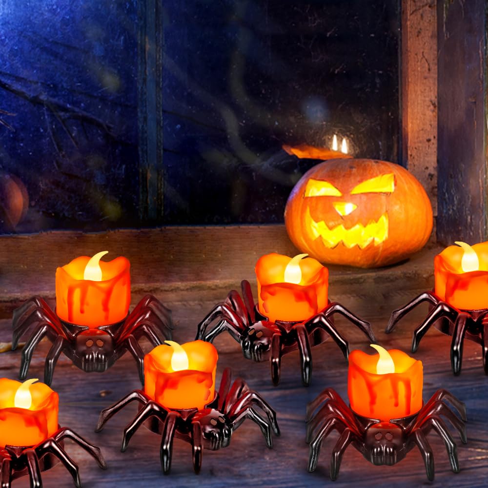 4 PCS Halloween Tea Lights Candles, Battery Operated Halloween's Flameless LED Candles, Spider Tealights Spooky Electric Flickering Fake Candle for Halloween Party Decorations