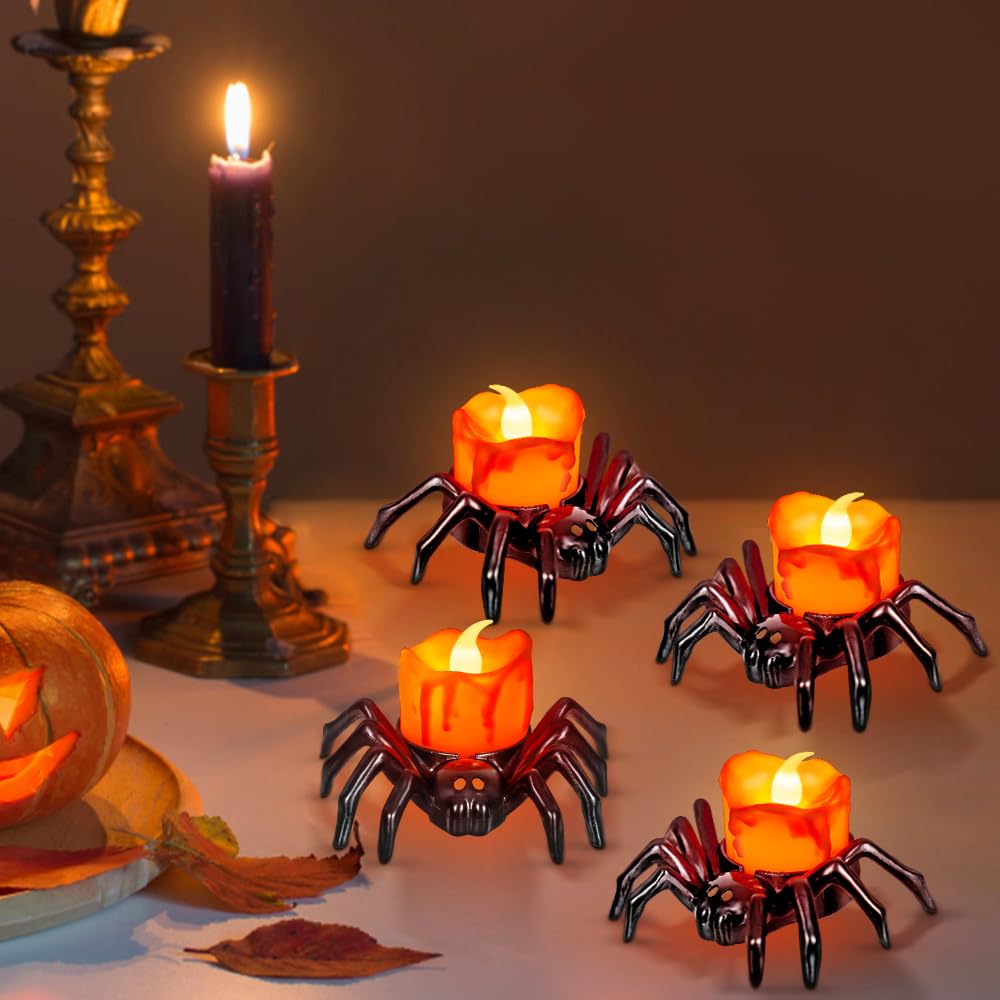 4 PCS Halloween Tea Lights Candles, Battery Operated Halloween's Flameless LED Candles, Spider Tealights Spooky Electric Flickering Fake Candle for Halloween Party Decorations