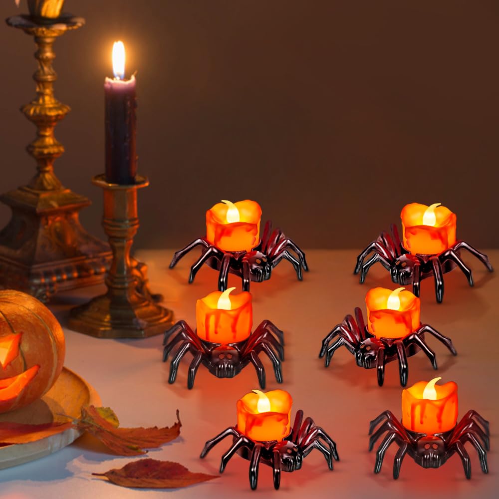 4 PCS Halloween Tea Lights Candles, Battery Operated Halloween's Flameless LED Candles, Spider Tealights Spooky Electric Flickering Fake Candle for Halloween Party Decorations
