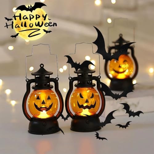 2PCS Halloween Pumpkin Lantern with Flickering LED, Portable Jack-O-Lantern for Halloween, Vintage Halloween Lamp Handheld Lantern Oil Lamp for Halloween Decorations Indoor & Outdoor, Orange