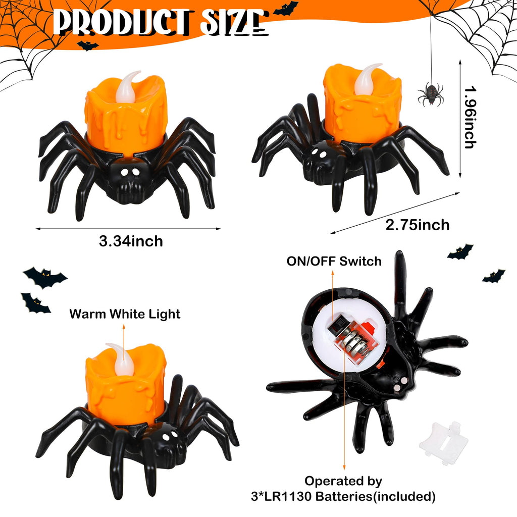 4 PCS Halloween Tea Lights Candles, Battery Operated Halloween's Flameless LED Candles, Spider Tealights Spooky Electric Flickering Fake Candle for Halloween Party Decorations