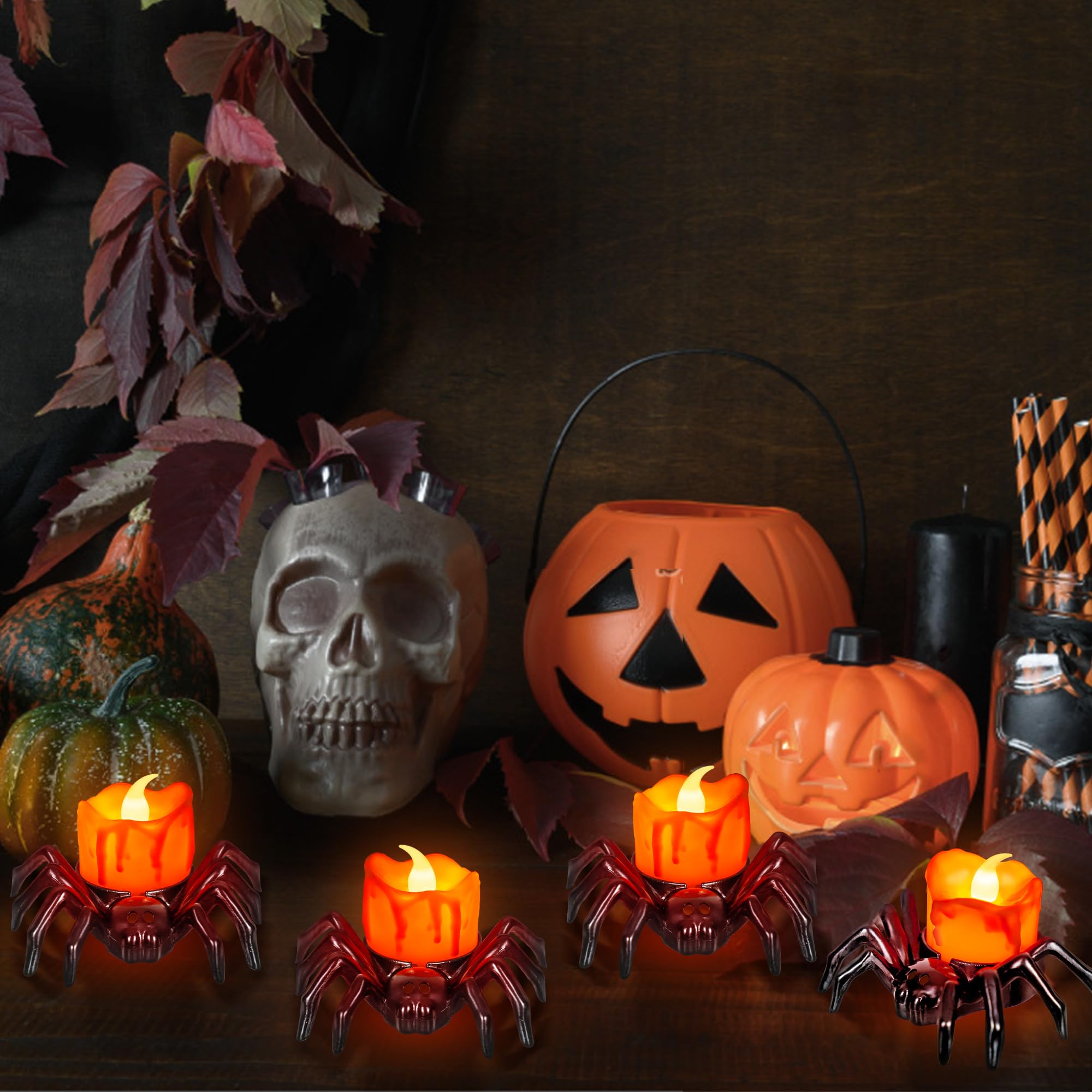 4 PCS Halloween Tea Lights Candles, Battery Operated Halloween's Flameless LED Candles, Spider Tealights Spooky Electric Flickering Fake Candle for Halloween Party Decorations