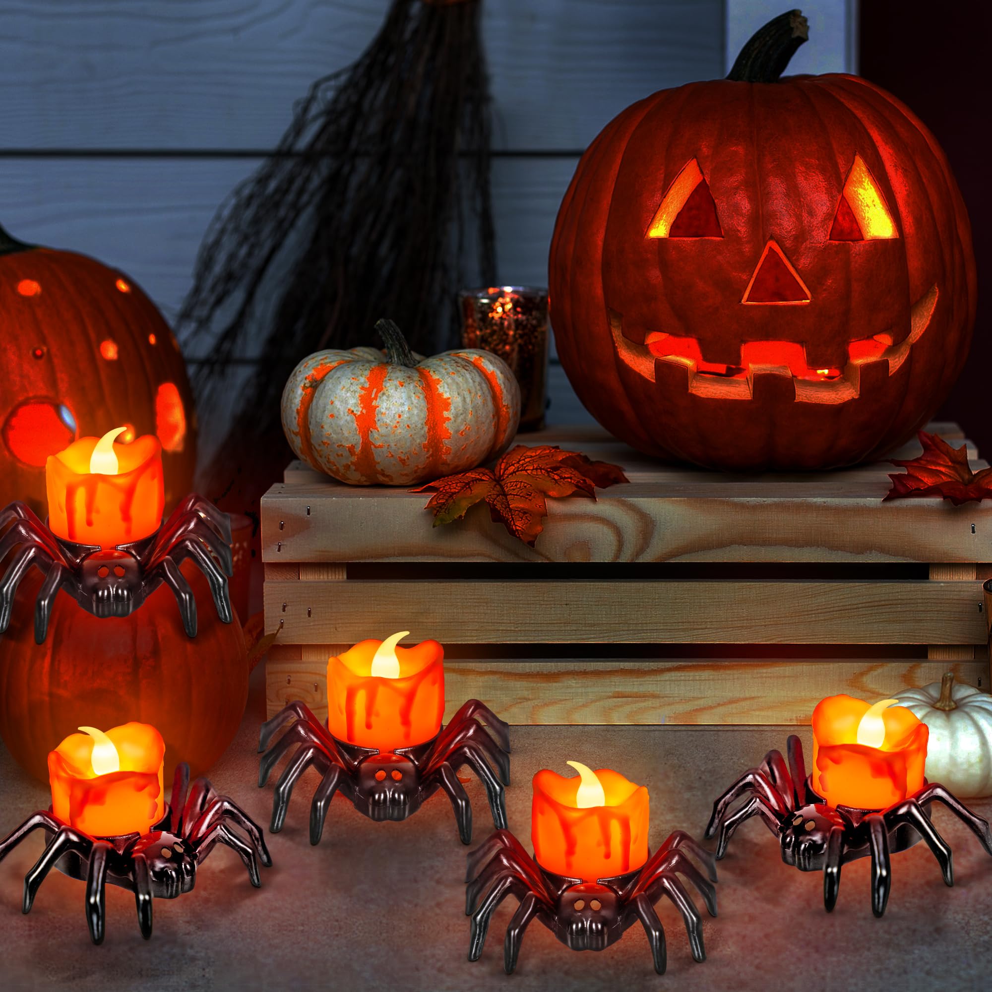 4 PCS Halloween Tea Lights Candles, Battery Operated Halloween's Flameless LED Candles, Spider Tealights Spooky Electric Flickering Fake Candle for Halloween Party Decorations