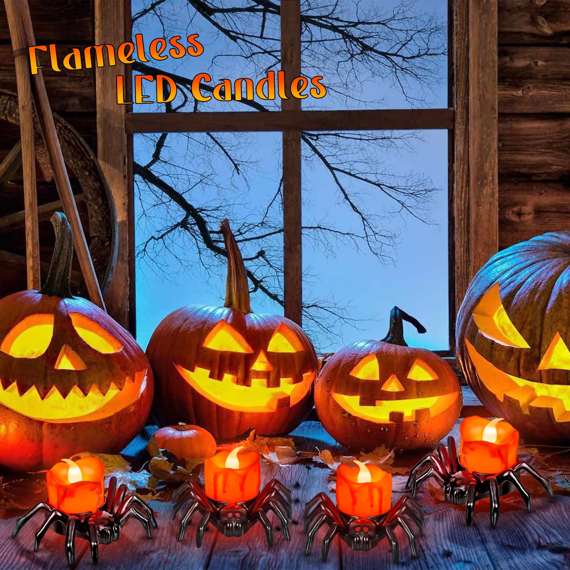 4 PCS Halloween Tea Lights Candles, Battery Operated Halloween's Flameless LED Candles, Spider Tealights Spooky Electric Flickering Fake Candle for Halloween Party Decorations
